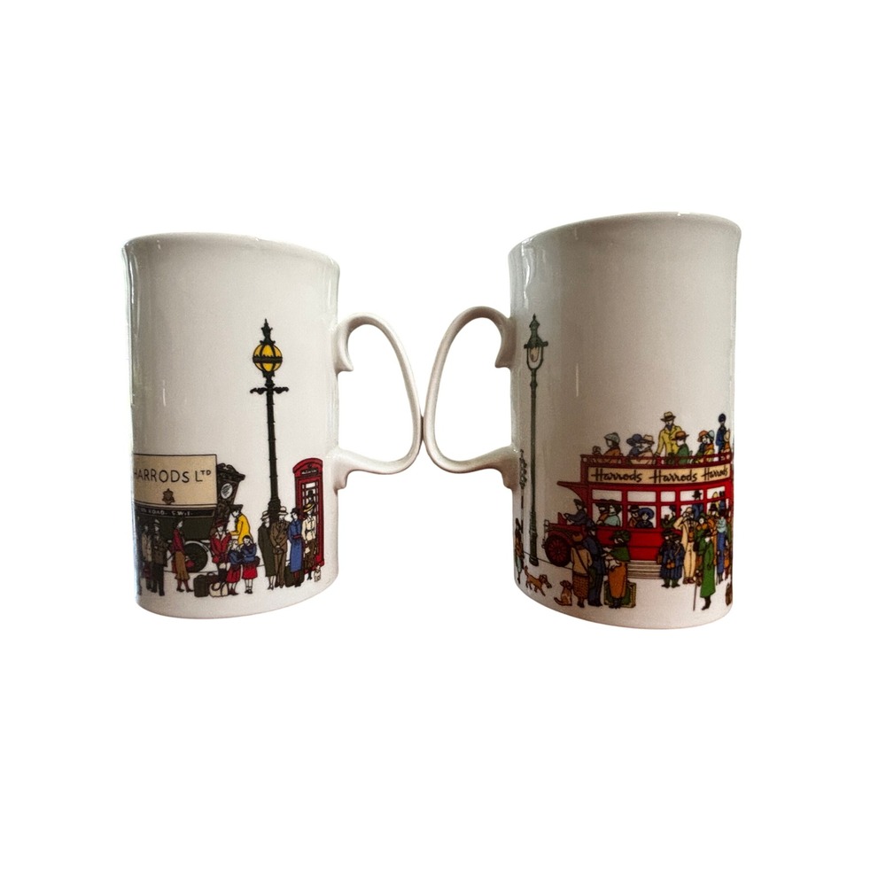 Harrods Mugs Set of 2 Fine Bone China London Bus & Van White Multicolor 5in